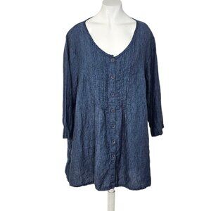 FLAX Womens Button Front 100% Linen Blouse, Tunic, Scoop Neck, Lagenlook, M
